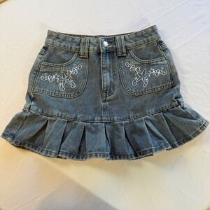 Denim Mini Skirt Small Y2K Fairycore Pleated Ruffle Embroidered Coquette Cottage
